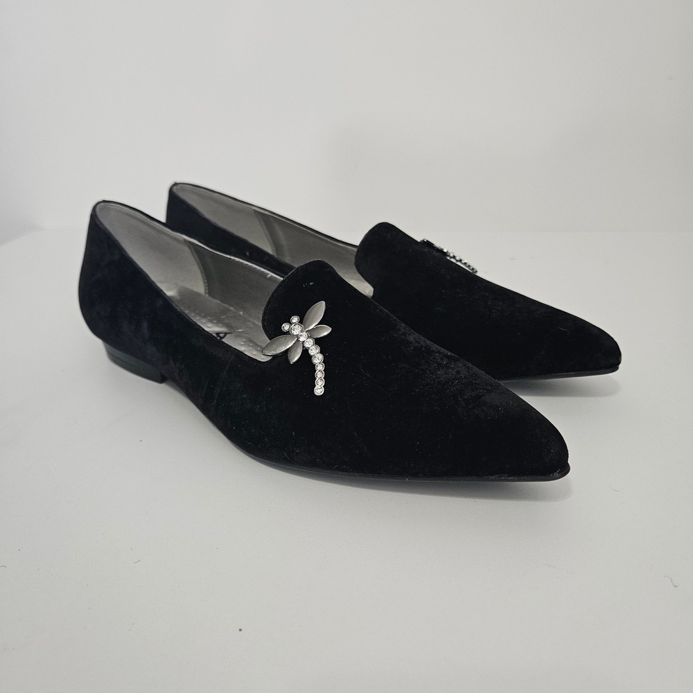 Bellini Dragonfly Velvet Flat Loafers 7.5W Black Pointed Toe Retro Minimalist